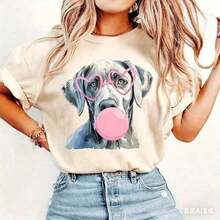 Silver Labrador, Gray Labrador Dog, Retriever Dog, Mom Dog, Valentine's Day Shirt Design, Dog Blowing Pink Bubbles, DTF Sublision 220G High-Density Pure Cotton T-Shirt - Soft And Gentle, Suitable For Daily Wear, Gym Sessions, And Vacation - 杏色 - 查看 3