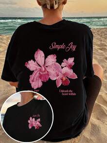 Camiseta de manga corta para mujer estilo vacaciones, elegante y casual, top de verano que combina con todo. - Negro - Ver 1