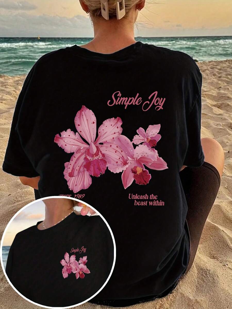 Camiseta de manga corta para mujer estilo vacaciones, elegante y casual, top de verano que combina con todo. - Negro - Ver 1