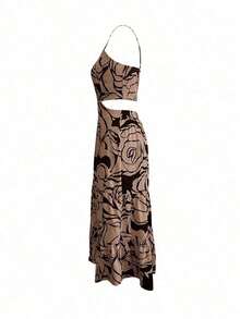 Selamara Vestido de tirantes finos con estampado floral y espalda descubierta, estilo vacacional - Caqui - Ver 3