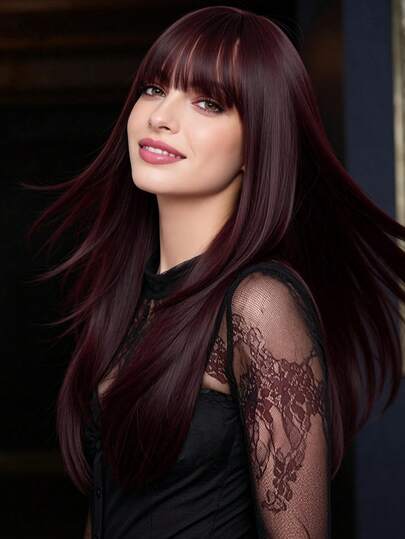 XOUJE Peluca larga y recta de 26 pulgadas de color rojo oscuro con flequillo - Cabello sintético resistente al calor color burdeos para mujeres - Apariencia natural para uso diario, cosplay y moda de fiesta