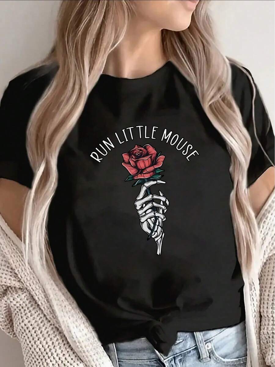 2026 Short-Sleeved T-Shirt, Featuring Designs Of A Running Mouse, A Rose, And A Skull Hand. Lightweight And Durable, Suitable For Casual Outings, Wearing At Home Or In A Cafe. Comfortable Fit, Ideal For Everyday Wear. - 黑色 - 查看 1