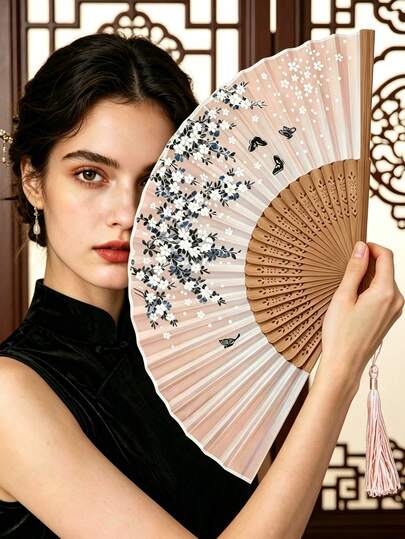 1pc Vintage Handmade Bamboo Chinese Style Folding Fan With Exquisite Tassel Pendant, Classical Chinese Elegant Ladies Handheld Fan, Summer Portable Cool Cooling Breathable Fan, Matching Accessory For Hanfu, Horse Face Skirt, Cheongsam & New Chinese Style Outfit, Props For Ancient Costume Photoshoot, Dance, Catwalk & Stage Performance