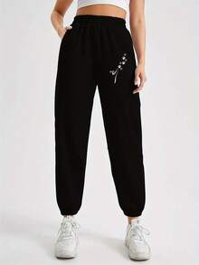 (1 Pants) Women'S Fashion Trousers, Women'S Autumn And Winter Fleece Sweatpants, Printed Design Sweatpants - 杏色 - 查看 8