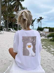 1 Piece Short Sleeve T-Shirt With Round Neck And Graphic Print For Teenage Girls, Summer Clothes For Young Students - Duck With Question Mark, Designed For Unique Animal Lovers. - 白色 - 查看 2