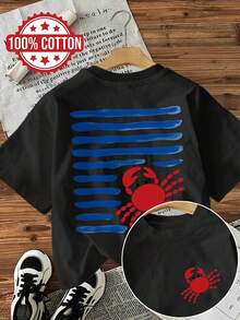 Women's Spring/Summer Leisure Top, Playful Crab Stripe Print, Round Neck Short-Sleeved T-Shirt, Print On Both Sides. - Black - View 1