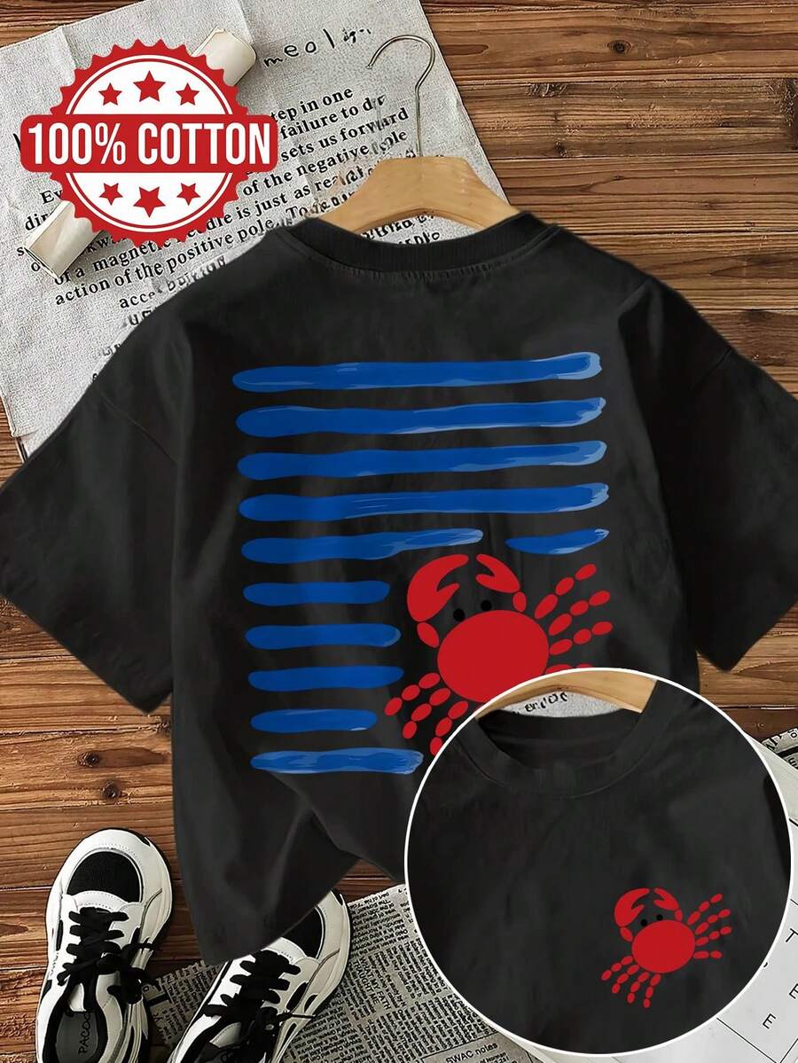 Women's Spring/Summer Leisure Top, Playful Crab Stripe Print, Round Neck Short-Sleeved T-Shirt, Print On Both Sides. - Black - View 1