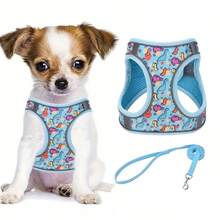 Floral Pattern Dog Leash And Harness Set, Adjustable Design For Easy Walking, Soft Mesh Vest Suitable For Small Pets, Specially Designed To Prevent Small Dogs And Cats From Pulling - Blue - View 4