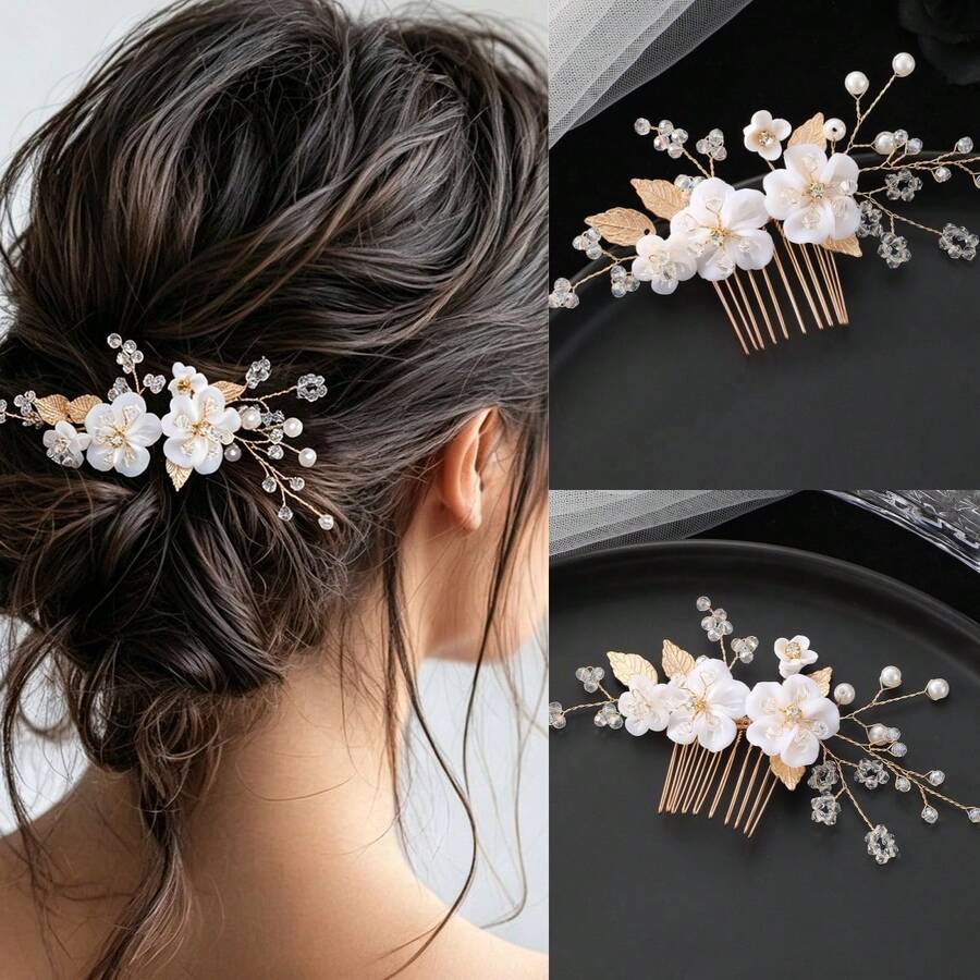 1pc Handmade Floral & Leaf Hairpin, Bridal Hair Comb Accessory For Wedding - Gold - View 1