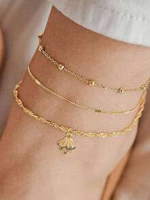 3pcs/Set Women Anklet Set, Bohemian Summer Beach Resort Stacking Style, Includes Golden Plated Round Bead Chain, Curb Chain, Wave Chain, Copper Inlaid Zirconia Shell Pendant Ocean Series Multi-Layer Anklet Accessories Gift - Yellow Gold - View 3