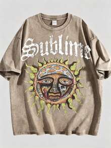 Retro Sun Face Skull Print, SUBLIM Band Style Free Theme Loose Short Sleeved Shirt Vintage Washed CottonT-Shirt Crew Neck Soft Tee For Men Women - 咖啡棕 - 查看 1