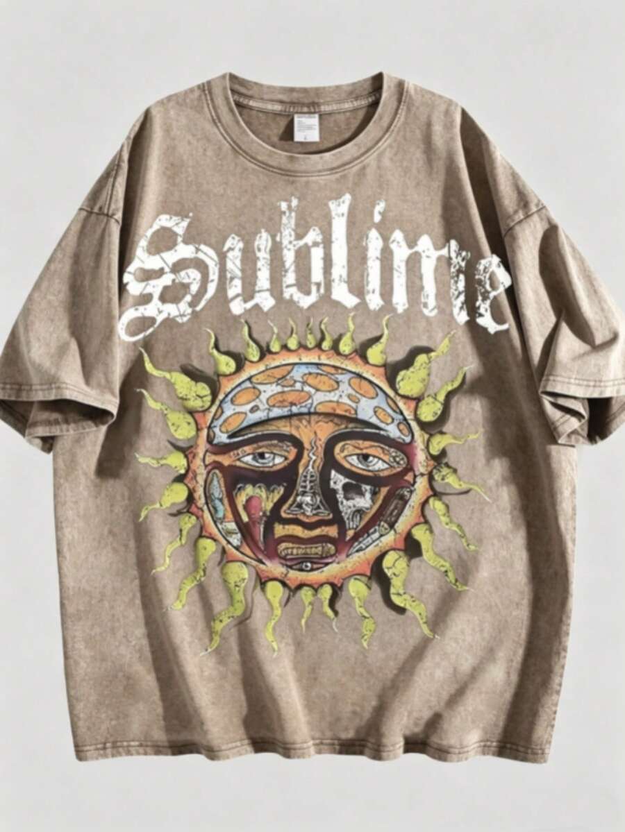 Retro Sun Face Skull Print, SUBLIM Band Style Free Theme Loose Short Sleeved Shirt Vintage Washed CottonT-Shirt Crew Neck Soft Tee For Men Women - 咖啡棕 - 查看 1