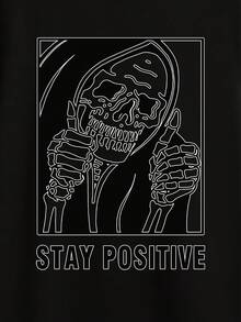 Camiseta elástica de cuello redondo con estampado de calavera 'STAY POSITIVE' para hombre, camisetas de manga corta transpirables de talla, ropa casual de talla para primavera - Negro - Ver 3