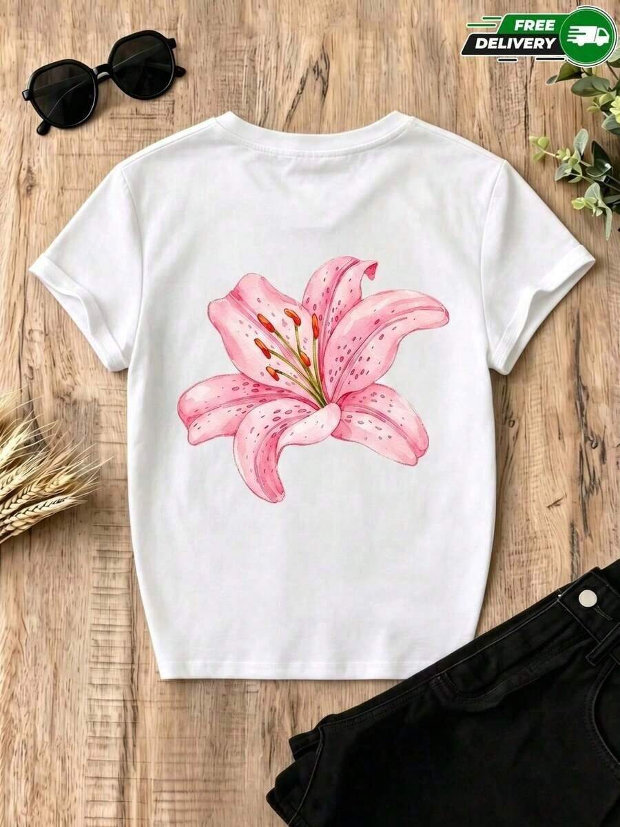 Camiseta para mujer de poliéster en color blanco con estampado de lirio rosa en la espalda – casual y de uso diario, envío nacional en México100% Cotton - Blanco - Ver 1