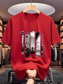 Men's Short Sleeve T-Shirt With Round Neck And Graphic Print, Suitable For Summer - Vintage Street Style, Unisex Loose Cotton T-Shirt With Round Neck And Short Sleeves. - 紅色 - 查看 7