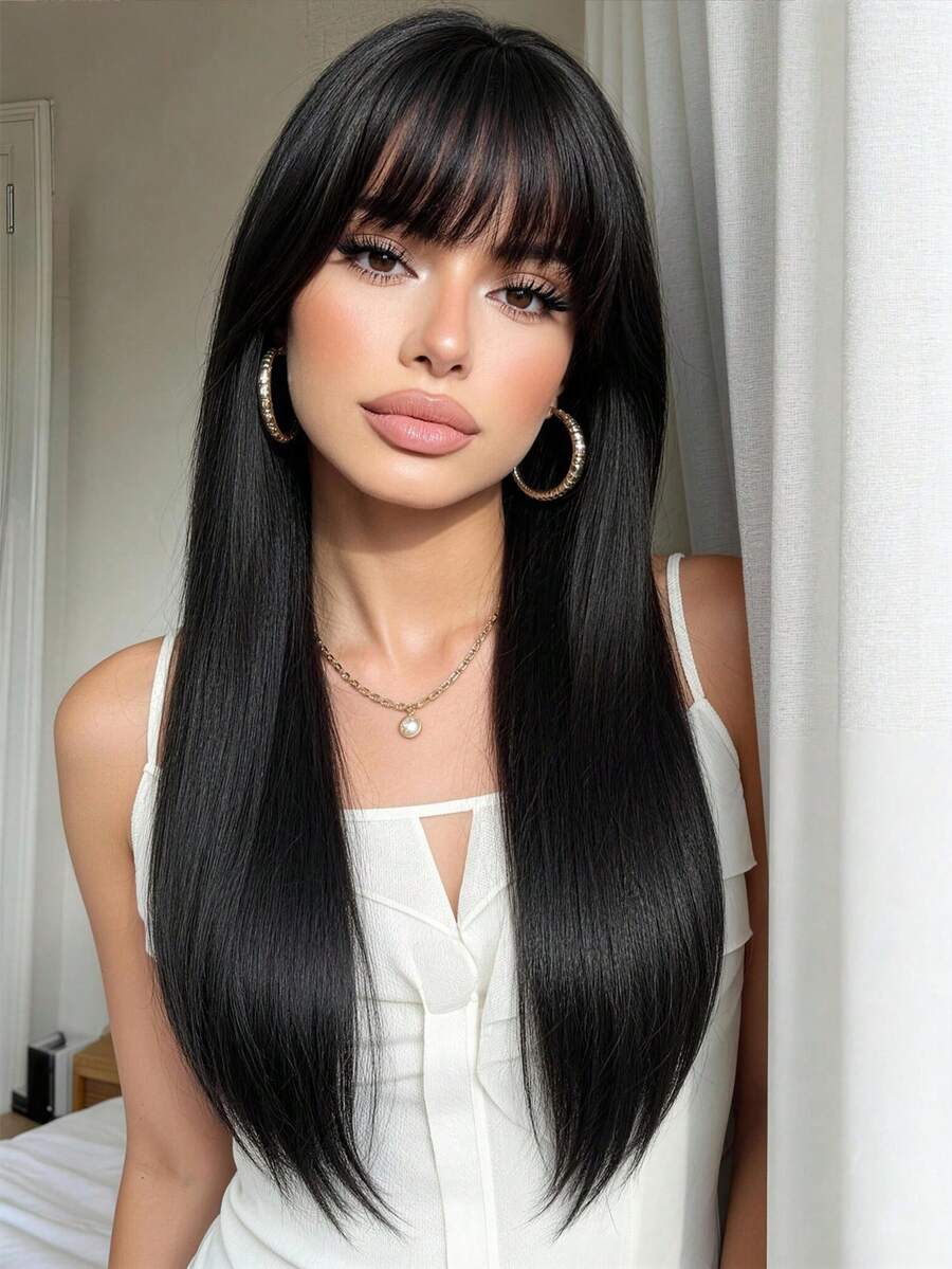 26 Inch Black Straight Wig With Bangs, Natural Looking Synthetic Hair Wig For Daily Wear, Party And Halloween - màu đen - Xem 1