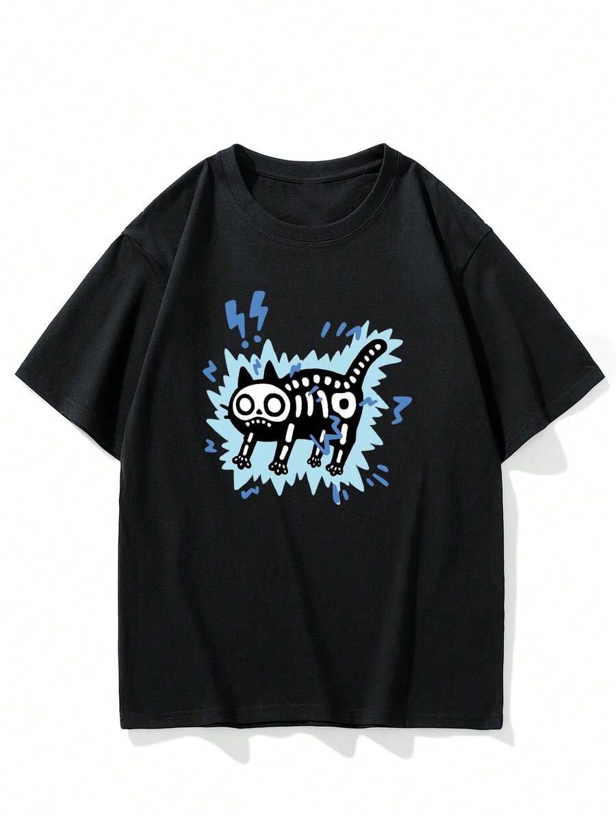 Men's 100% Cotton American Short Sleeve T-Shirt, Loose And Oversized Style For Summer, Modern And Versatile Half Sleeve Top - 黑色 - 查看 1