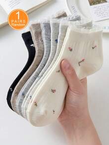1/5 Đôi tất nữ cổ thấp họa tiết hoa lá ngẫu nhiên và màu trơn, viền ren, mềm mại, thoải mái, thoáng khí, đa năng cho mặc hàng ngày, mọi mùa. - Nhiều màu - Xem 9