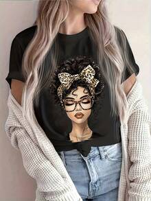 Playera de Mujer con Estampado de Chica con Lentes y Moño de Leopardo Estilo Urbano Manga Corta Cuello Redondo Suave - Negro - Ver 8