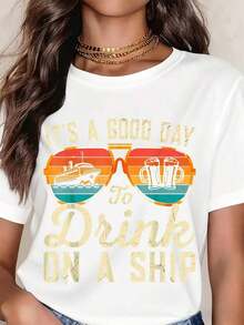 Camiseta de manga corta negra con diseño de barco y cerveza, "Es un buen día para beber en un barco con gafas de sol", para vacaciones en crucero y fiestas en la playa. - Blanco - Ver 8