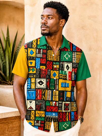 Camisa casual de manga corta con cuello de solapa, estampado digital 3D con patrón africano de rosas, estrellas, lunas y linternas, para uso casual y al aire libre