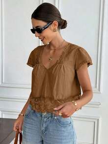 Blusa de mujer con cuello en V, manga corta y espalda con lazo, de encaje y parches, 100% algodón, estilo romántico francés, con diseño de espalda descubierta y mangas abullonadas, versátil para uso diario/casual, verano para mujeres, Día de San Valentín, Carnaval, vacaciones, blusa casual, top Y2K, blusa de encaje, blusa bohemia, top de encaje - Rosa vieja - Ver 4