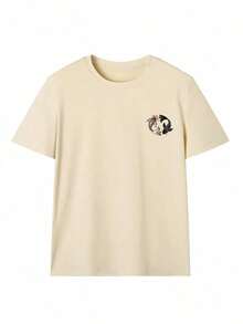 1 pieza/Set de camiseta de manga corta con cuello redondo, estilo casual, con estampado minimalista y divertido de coches de carreras y aves florales japonesas, moderna y versátil para mujer. - Albaricoque - Ver 4