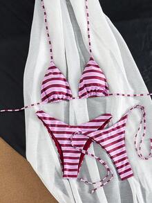 女款性感時尚簡約優雅青春 3 件組休閒浪漫海灘旅行派對可翻面條紋印花掛脖繫帶泳衣套裝，春/夏新品度假款 - 紅酒條紋 - 查看 5
