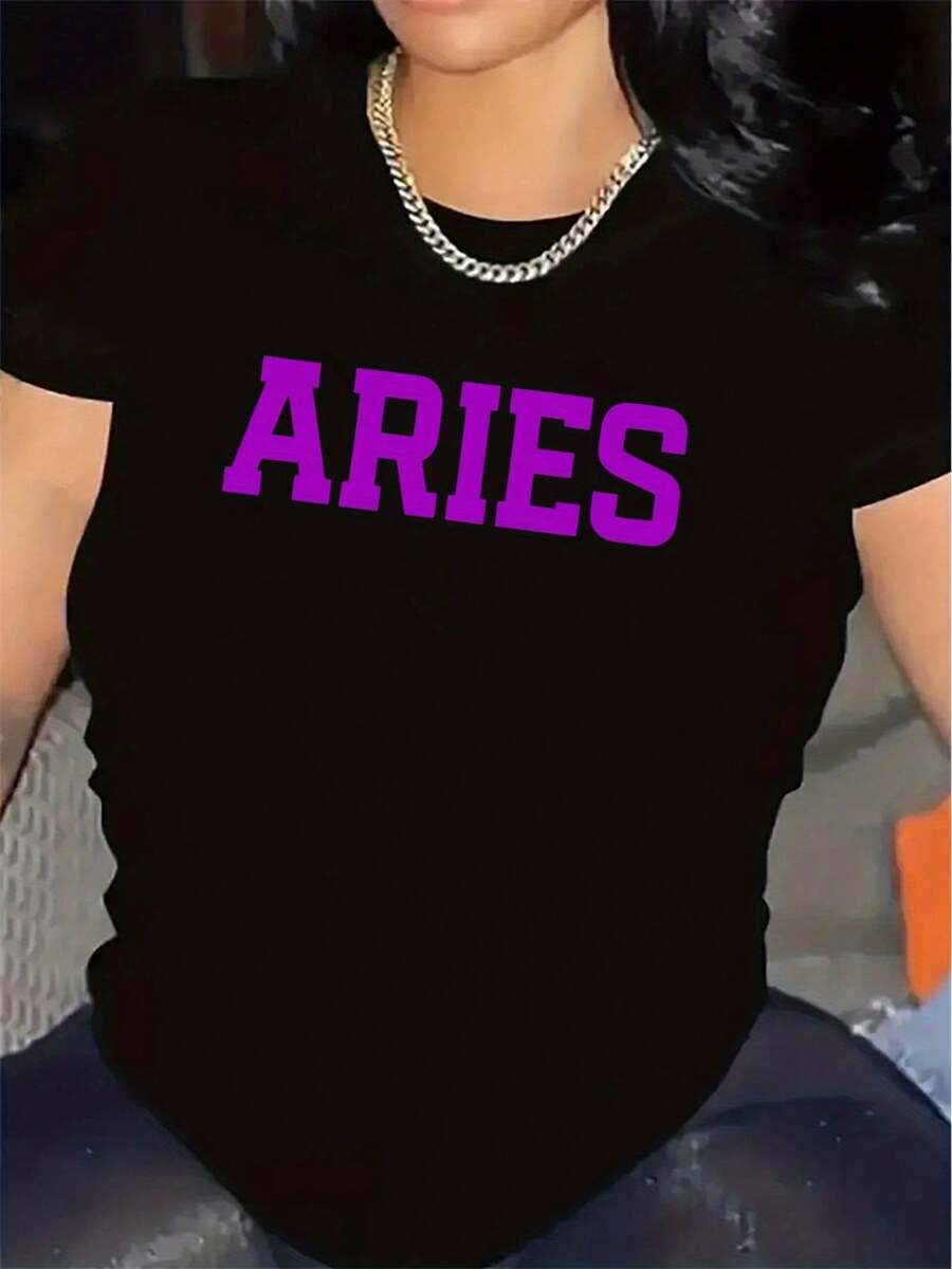 1 camiseta de manga corta de poliéster, diseñada específicamente para salas de estar, con un ajuste duradero, ligero y cómodo, adecuada para uso casual diario, con un elegante estampado de Aries en color morado en la parte frontal, 100% algodón. - Negro - Ver 1