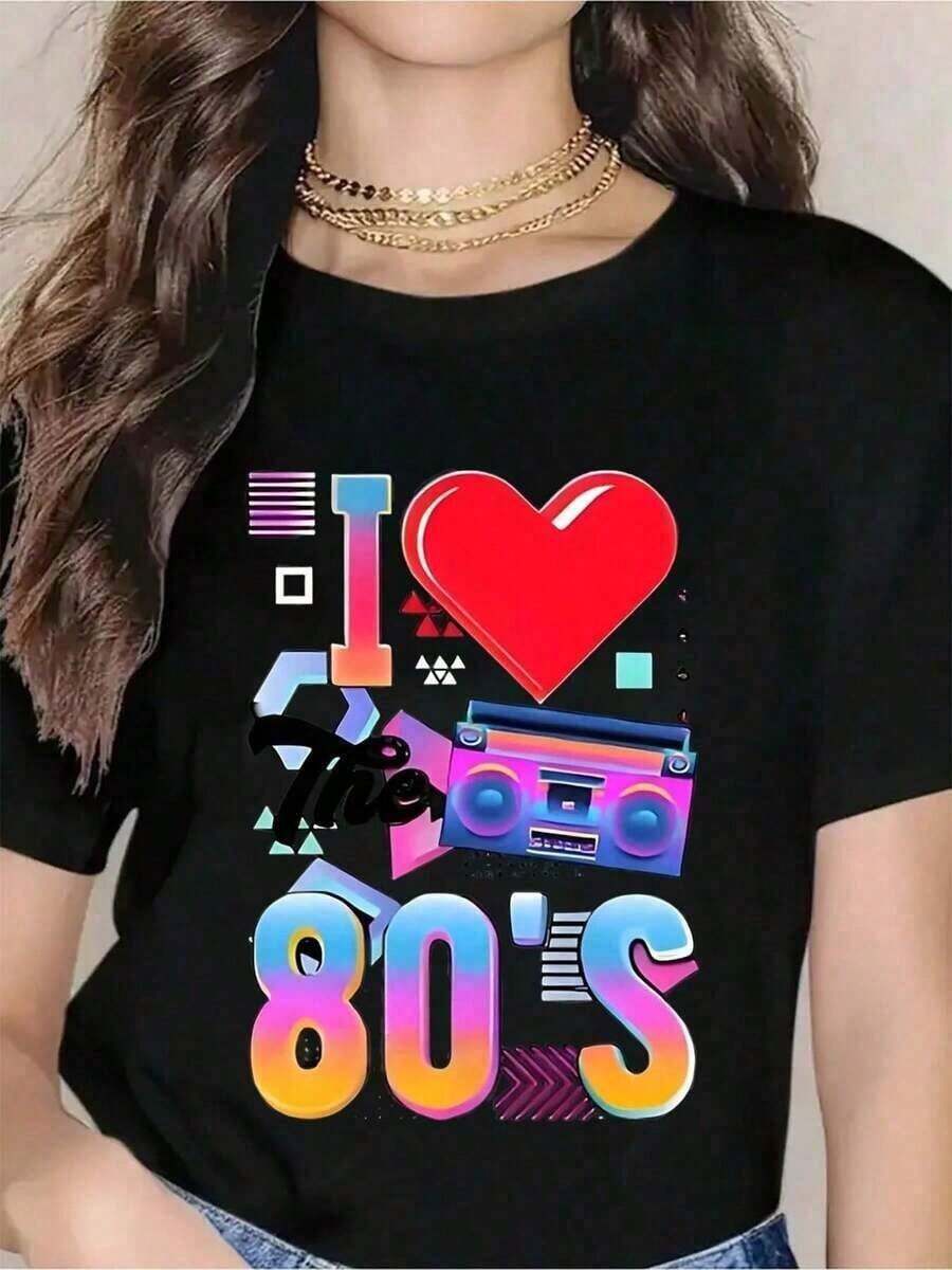 100% Cotton I Love The 80s Retro T-Shirt For Women, Vintage Style Graphic Tee With Boombox And Heart Design, Perfect For 80s Theme Parties, Halloween, Birthdays Or Everyday Wear, Soft Unisex Casual Top - 黑色 - 查看 1
