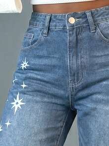 Jeans de cintura alta y pierna recta para mujer, sin estiramiento, de tela estampada, cómodos y versátiles para uso casual diario - Azul lavado medio - Ver 4