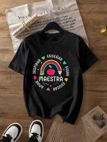 Camiseta gráfica de mujer de manga corta, cuello redondo, casual para primavera/otoño/verano, con eslogan educativo de corazón de manzana arcoíris, para el Día de San Valentín/regreso a la escuela, color blanco - Negro - Ver 2