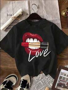 Camia Casual de Manga Corta con Cuello Redondo y Estampado de Letras y Labios para Mujer, Transpirable y Cómoda - Negro - Ver 5