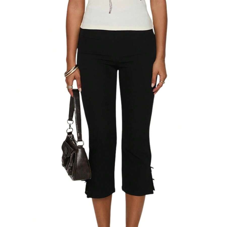 Dourbesty, moda de primavera para mujer, pantalones Capri ajustados, decoración de lazo sólido, pantalones cortos informales de verano, mallas elásticas, ropa de calle 2025 - Negro - Ver 1