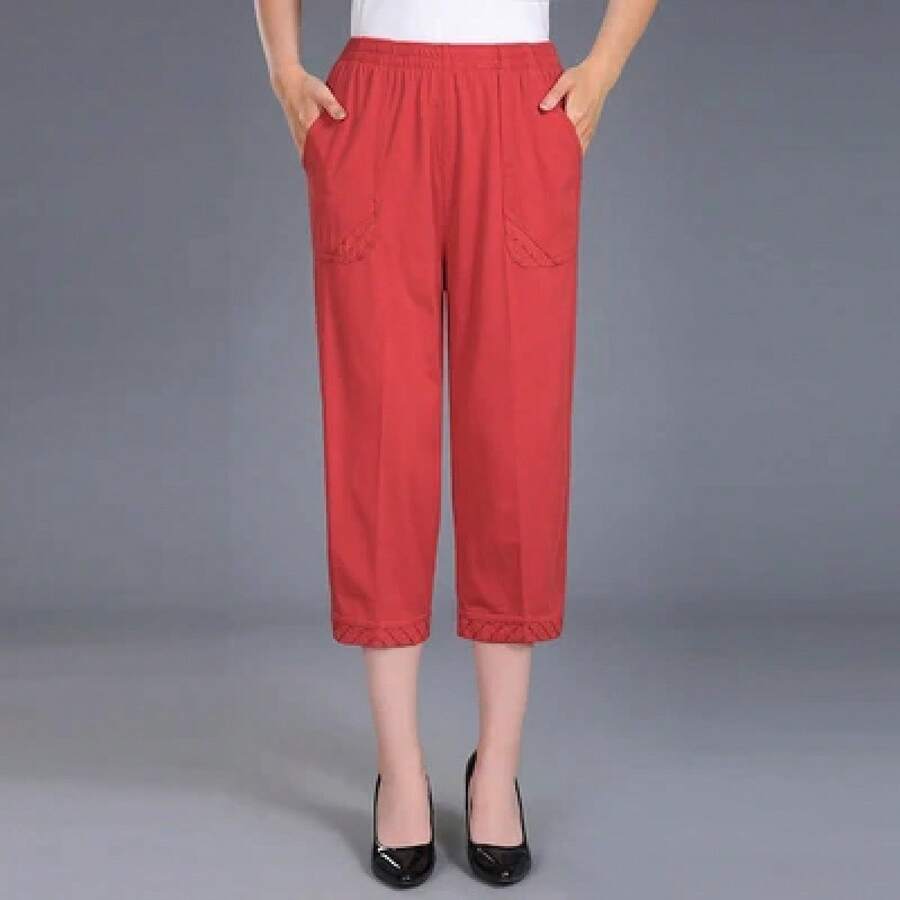 Pantalones Capri de Verano 2026 para Mujer, Talla Grande 4XL, Holgados, Casuales, Cintura Elástica, Pantalones Medios de Algodón Puro para Mujer - Rojo ladrillo - Ver 1