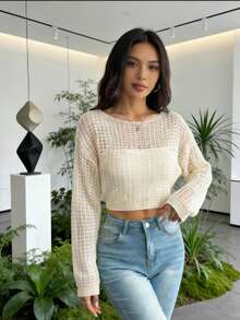 de punto transparente de manga larga, crop top de encaje para mujer, estilo casual - Albaricoque - Ver 8