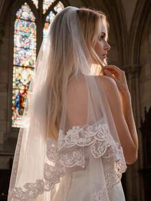 Cathedral Wedding Bridal Veil, 1 Layer, Soft Tulle With Lace And Floral Trim, Vintage Style, For Bridal Veil. - White - View 1