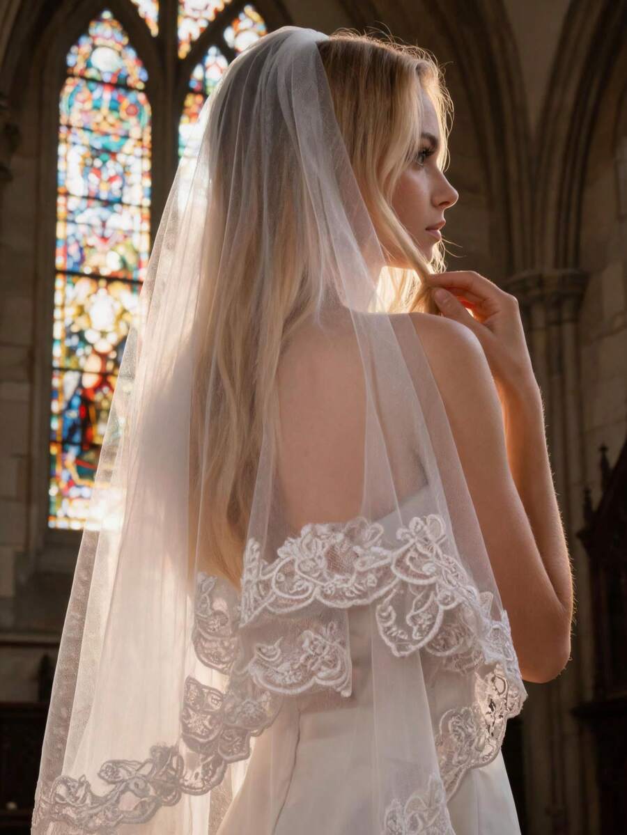 Cathedral Wedding Bridal Veil, 1 Layer, Soft Tulle With Lace And Floral Trim, Vintage Style, For Bridal Veil. - White - View 1