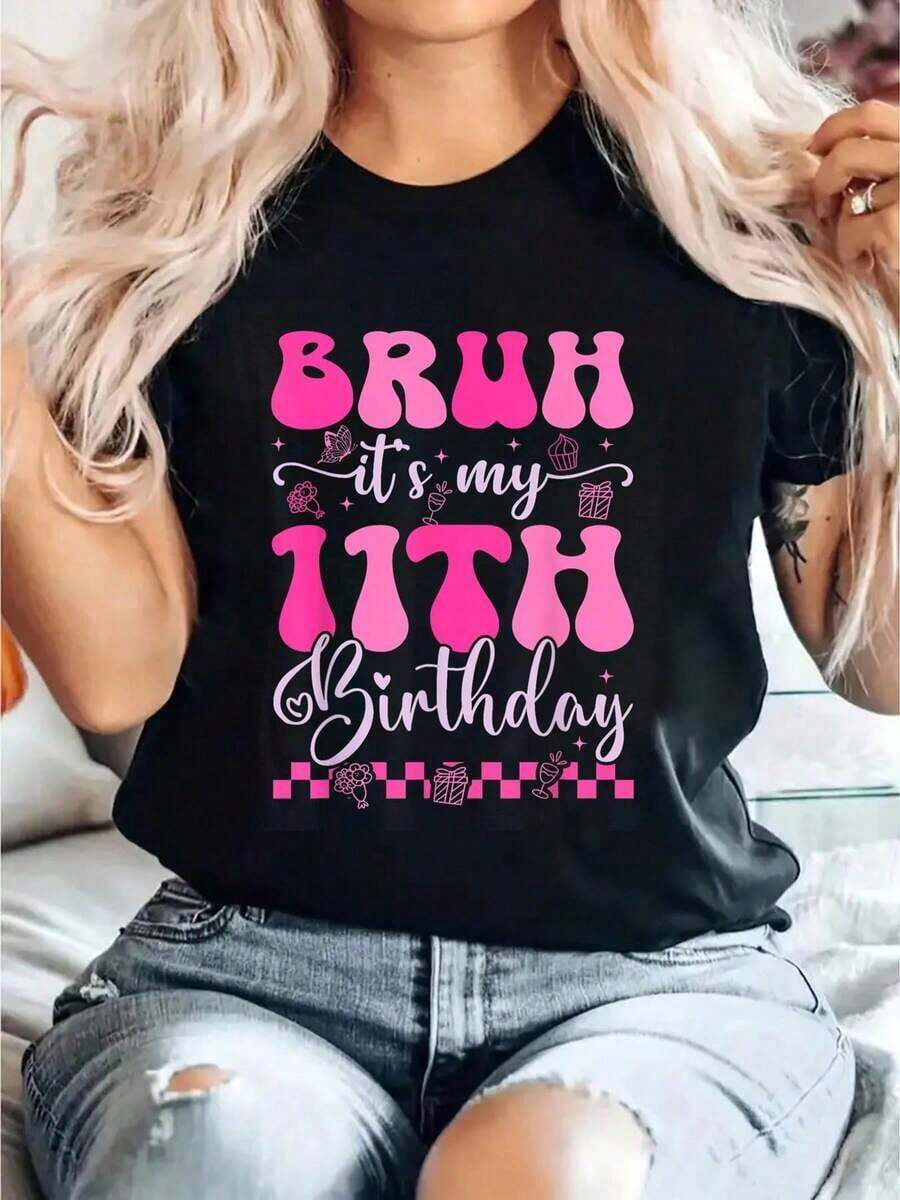 It's My 11th Birthday, Aesthetic Birthday T-Shirt With Pink Bow Coquette Style, Y2K Style T-Shirt, Summer T-Shirts, Summer Sets, Daily Casual T-Shirts, Summer Short Sleeve Casual T-Shirts. - 黑色 3 - 查看 1