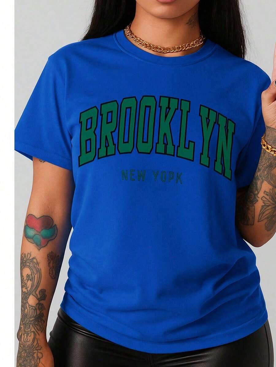 Semi-Sheer Crew Neck T-Shirt With Brooklyn Letter Print In Polyester Fabric, Casual Short-Sleeved Top With Dropped Shoulders, Women's Clothing - Vintage Street Style Unisex Loose Cotton Short Sleeve Crew Neck Shirt - 藍色 - 查看 1