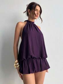 KIMW  Vestido casual de verano para mujer con cuello halter, unicolor y volantes en el bajo - Morado - Ver 5