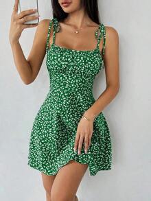 Vestido mini con tirantes de espagueti y estampado floral ditsy con lazo - Verde - Ver 7