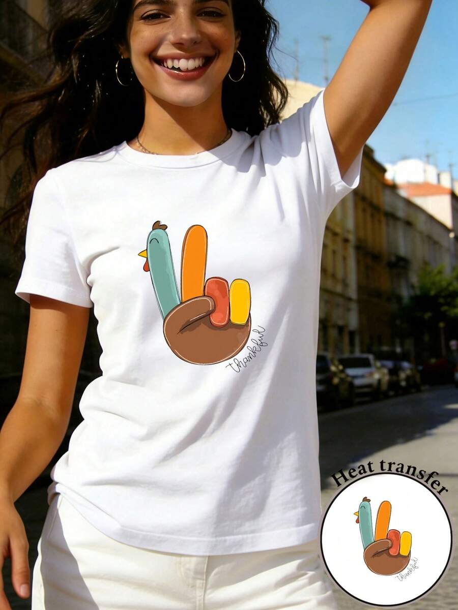 Women's Pure Cotton T-Shirt With Print - 2D Geometric Turkey Heart Design, Bright Colors And Full Of Fun, Casual Short Sleeve Round Neck Top Suitable For All Seasons, Available In Various Colors And Sizes, Holiday Fashion, Retro Aesthetic, Breathable Material, Fun Prints. - 白色 - 查看 1