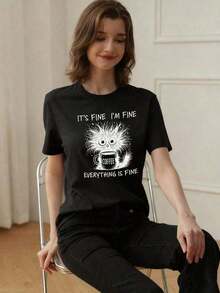 Women's Short-Sleeved T-Shirt With A Crew Neck And Simple Slogan Print, Casual Summer Style, Loose Fit, Ideal For Everyday Wear And Vacations. Women's T-Shirt - Lightweight - Vintage Urban Style - Unisex - Loose Fit Cotton Short-Sleeved Crew Neck T-Shirt - 黑色 - 查看 2
