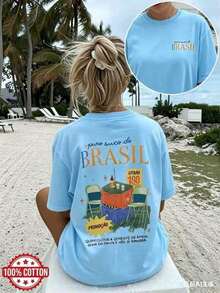 [Impresión a Doble Cara] Ropa de Verano para Mujer, Camiseta Casual para Mujer, Estilo Vintage, Estampado con la Frase "Puro Suco Do BRASIL", Manga Corta, Cuello Redondo, Algodón Puro, Talla Grande, Camiseta de Hombros Caídos [LangK] - Azul - Ver 4