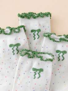 4 pares de calcetines de media caña, unisex, con adorno de lazo verde y volantes, transpirables, primavera/verano - Verde - Ver 2