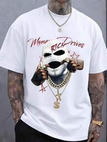 Camiseta de manga corta de cuello redondo con estampado de letras, corte slim para hombre, camisetas casuales de verano para hombres - Blanco - Ver 2