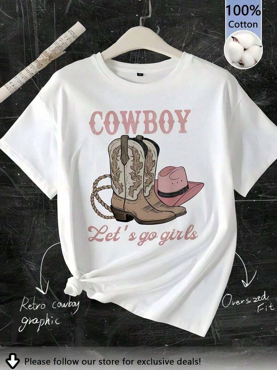 1 pieza de camiseta blanca para mujer con estampado de botas de vaquero y sombrero, cuello redondo, camiseta casual de algodón, tejido de punto de elasticidad media, corte regular para damas, para primavera/verano/otoño, 180g 100% algodón. - Blanco - Ver 1