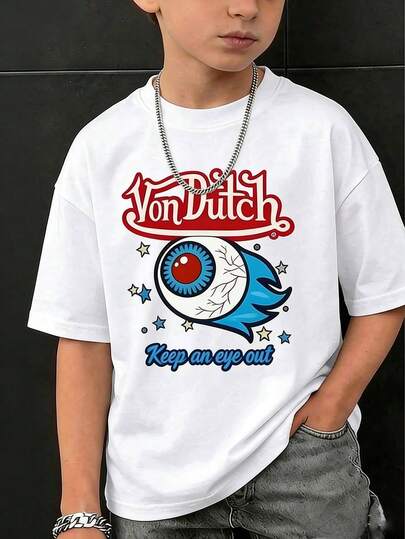 1pc Tween Boys' Vintage American Style Eyeball & Letter Print Short Sleeve T-Shirt, Loose Breathable Casual Crew Neck Top, Big Kids Street Hip Hop Stylish Everyday Wear