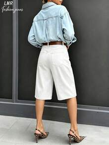 Women's Solid Color Denim Bermuda Shorts Casual White Summer - White - View 3